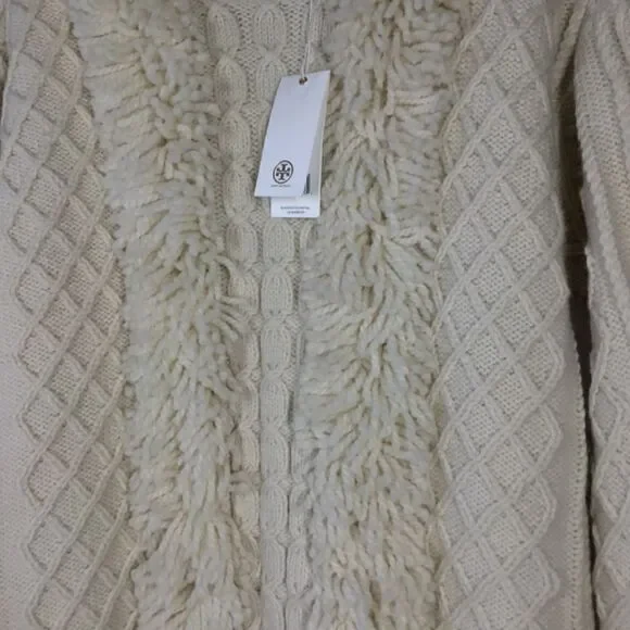 Tory Burch Cream Ivory Cable Knit Wool Fringe Pullover Sweater Women’s Size M - Picture 11 of 16